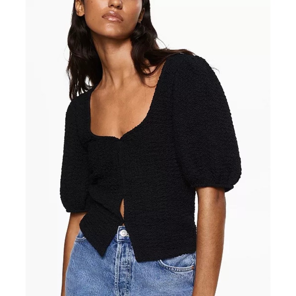 Mango MNG Black Popcorn Textured Puff Sleeve Square Neck Top XXS Romcom 90s